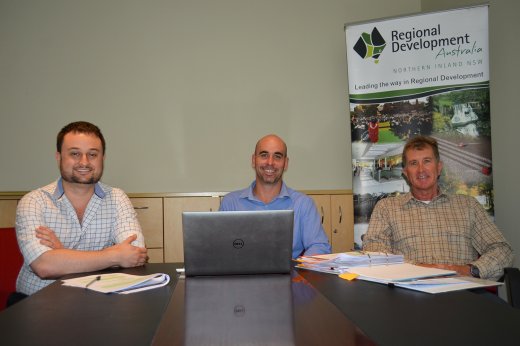 Working with social distancing in the Regional Development Australia Northern Inland office in Armidale, Economist James Pryor, Executive Director Nathan Axelsson and Senior Research Economist David Thompson.