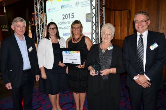 The Innovative Community Contribution award went to Shenhua Watermark Coal, Gunnedah... Gerry McDonald from Shenhua Watermark, the Hon. Sarah Mitchell MLC, Debbie Watson from Shenhua, President of Gunnedah Meals on Wheels Cr. Colleen Fuller and Mark Howes from Shenhua.