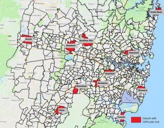 The map shows the per capita job losses if they were to occur in Sydney, proportionate to what Northern Inland NSW has seen, due to the drought.