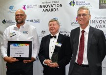 Prime Super Health, Aged-Care and Disability Finalist Youth Insearch’s David Allard and John Green, with National Relationships Manager for Prime Super Rod Stewart.