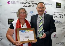 Lynn Jenkin’s Horsanity received a “Professional and Government Services” finalist trophy from UNE’s Director of Strategic Research Initiatives, Associate Professor David Miron.
