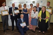 New Enlgand High Country Councils won the Retail, Tourism and Leisure category in a Council collaboration win… Glen Innes Severn Mayor Steve Toms, Tenterfield Shire’s Harry Bolton, Elissia Goldman from the Telstra Store Inverell, Armidale Regional Council’s Katrina George, Walcha Shire’s Susie Crawford, Glen Innes Severn’s Mary Hollingworth, Armidale Regional Council’s Tony Broomfield, Uralla Shire’s Rechelle Leahy and Uralla Shire Mayor Michael Pearce, with Inverell Shire Mayor Paul Harmon, kneeling. 