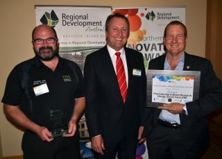 UNE Smart Farm representatives Aron Murphy and David Lamb with the Member for Barwon, Kevin Humphries